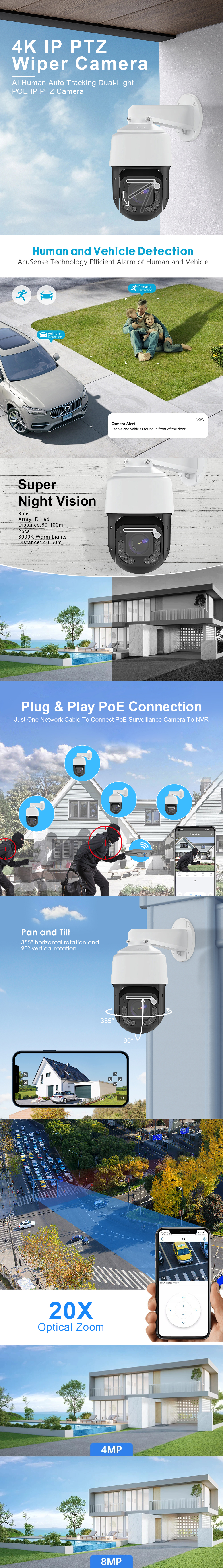 4K Human Tracking and Vehicle Detection IR Dual Lights Two-Way Audio IP PTZ Camera With Wiper