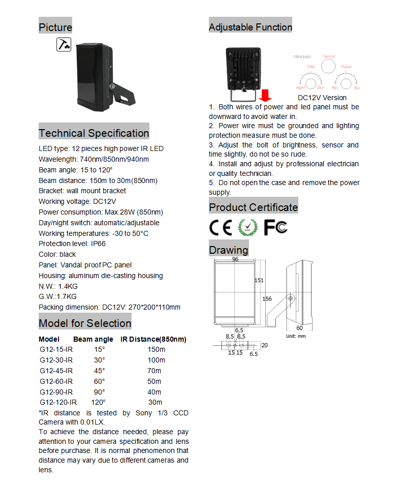 12Pcs 850nm Array LED IR Illuminator