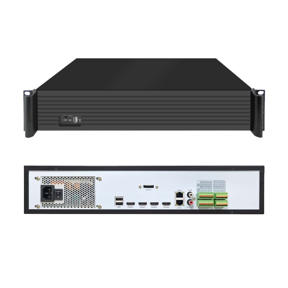 Powerful NVR with 4 HDMI Outputs, 64 12mp Cameras Input, 9 SATA HDD Drives Interface.