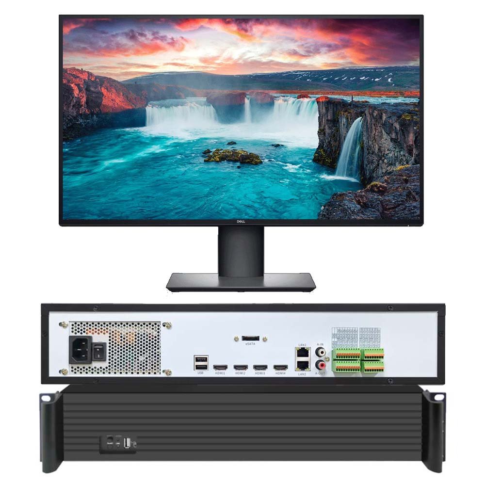 Powerful NVR with 4 HDMI Outputs, 64 12mp Cameras Input, 9 SATA HDD Drives Interface.