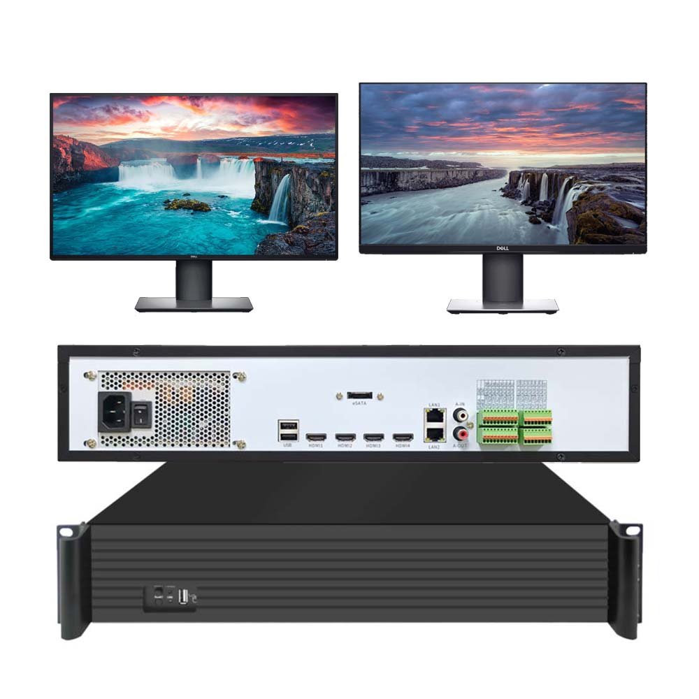 Powerful NVR with 4 HDMI Outputs, 64 12mp Cameras Input, 9 SATA HDD Drives Interface.