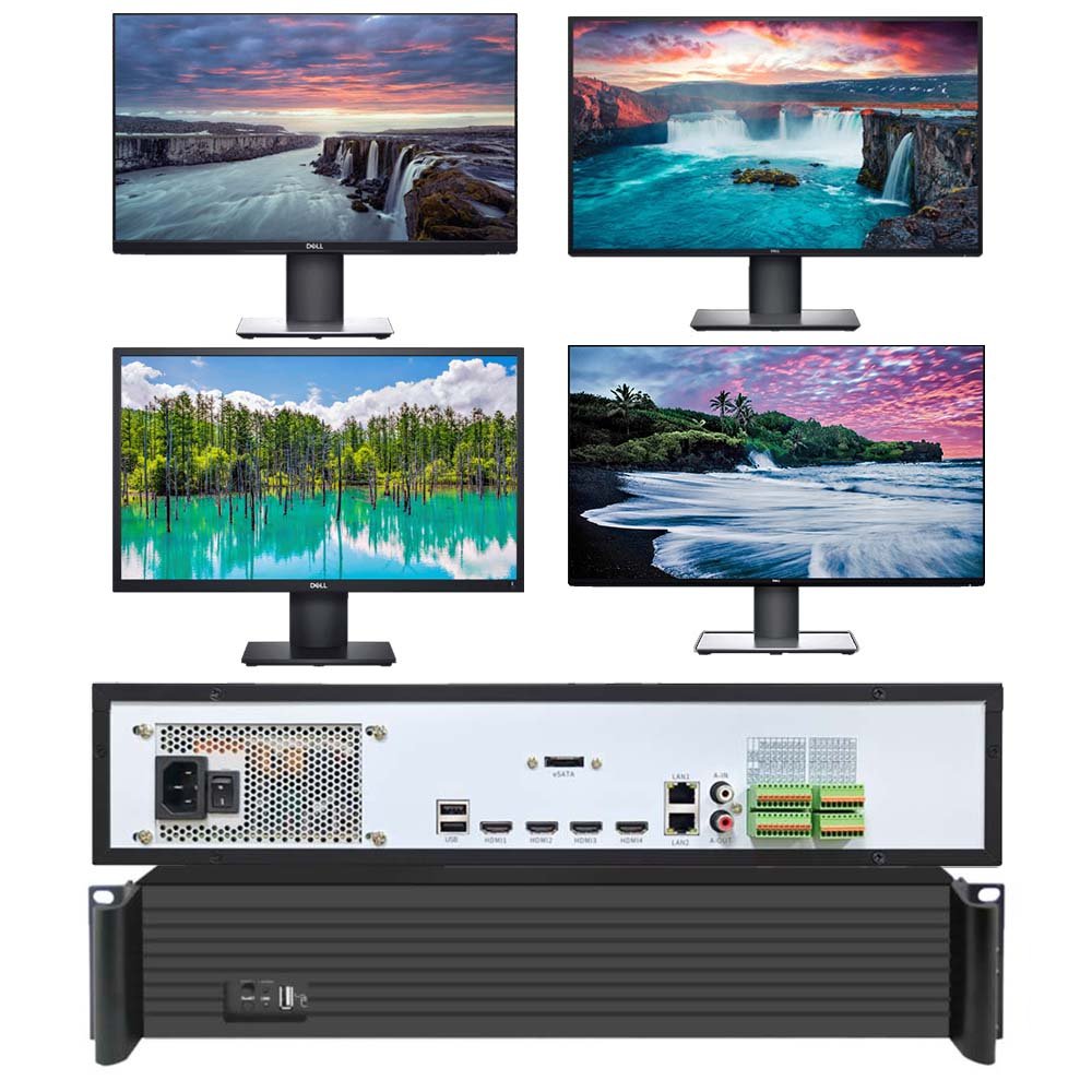 Powerful NVR with 4 HDMI Outputs, 64 12mp Cameras Input, 9 SATA HDD Drives Interface.