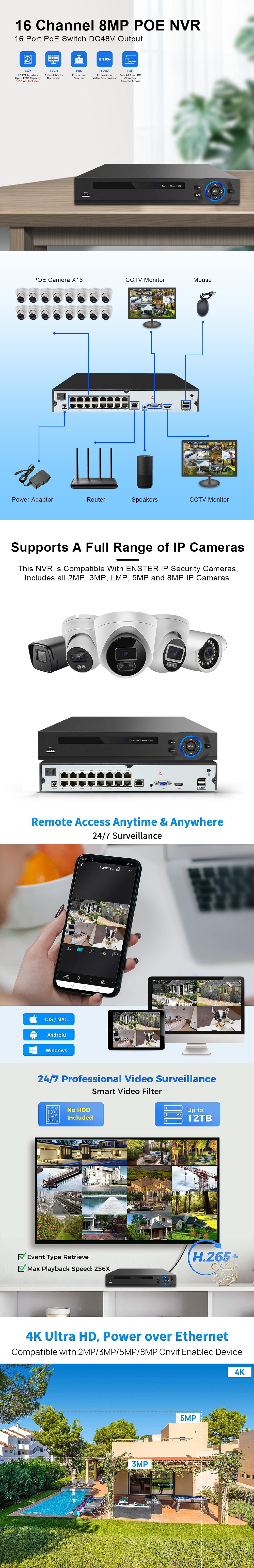 16 Channel 8MP 4K UHD H.265 Embedded Plug and Play PoE NVR With 16 Port PoE Switch DC48V Output