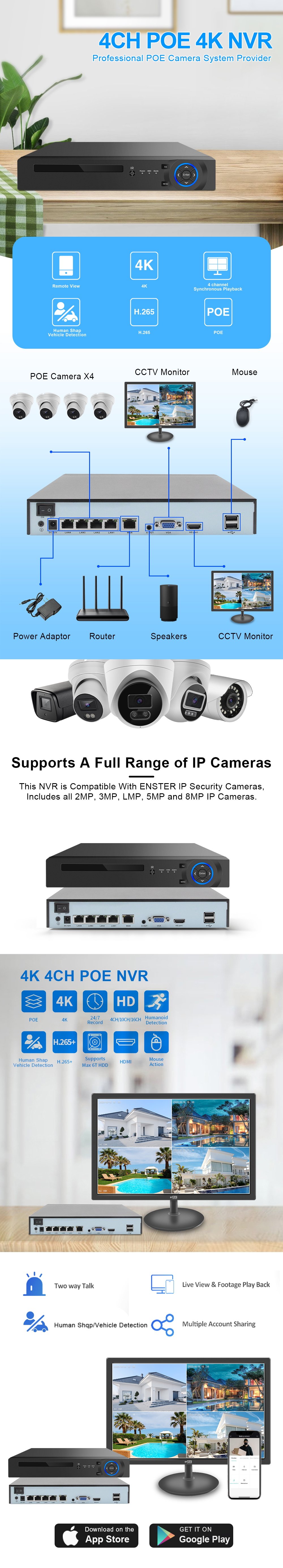 4ch 4k H.265 Plug and Play PoE NVR With 4CH DC 48V POE Output