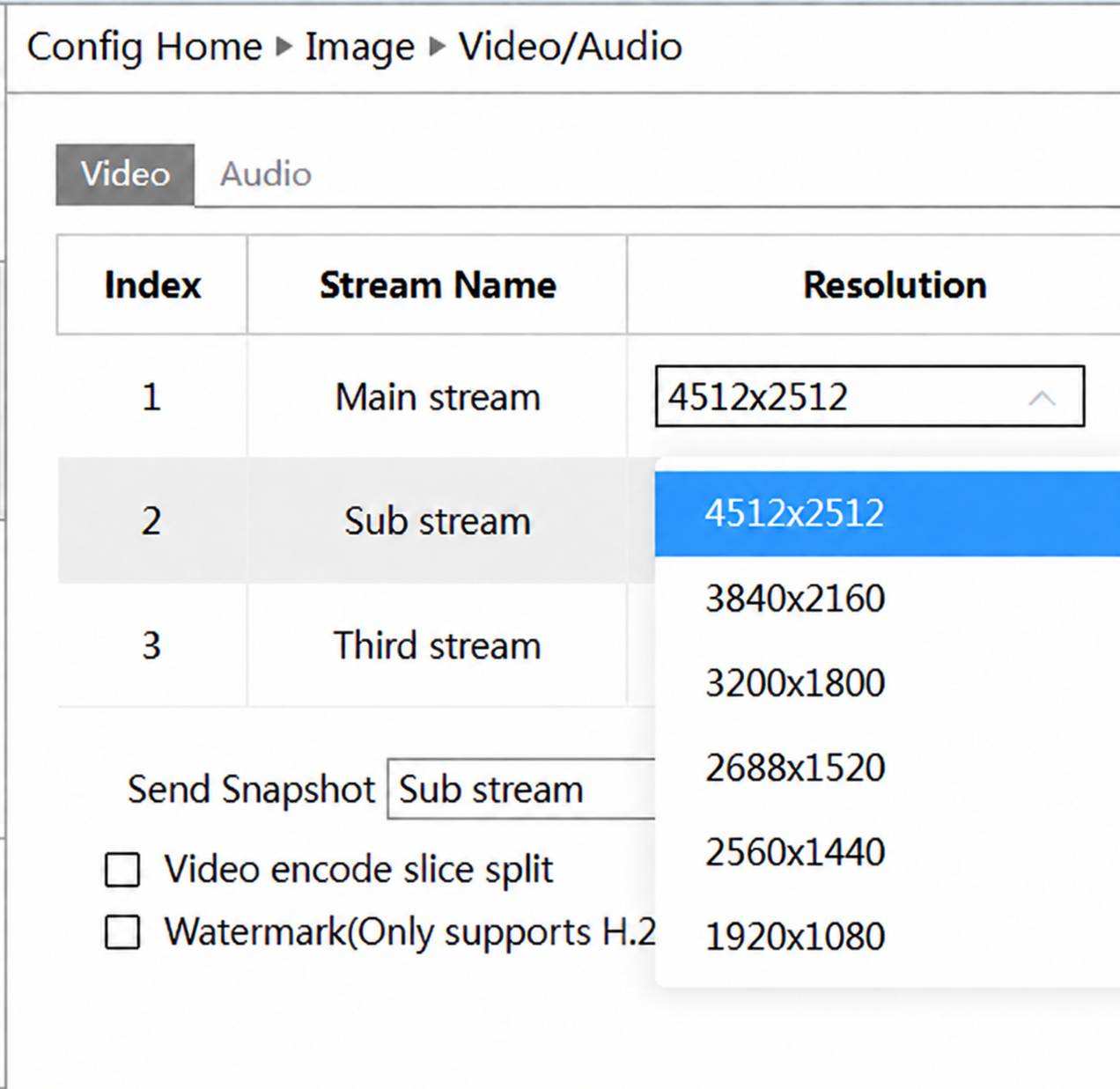 ENSTER IP camera video settings with 4512 x 2512 main-stream resolution
