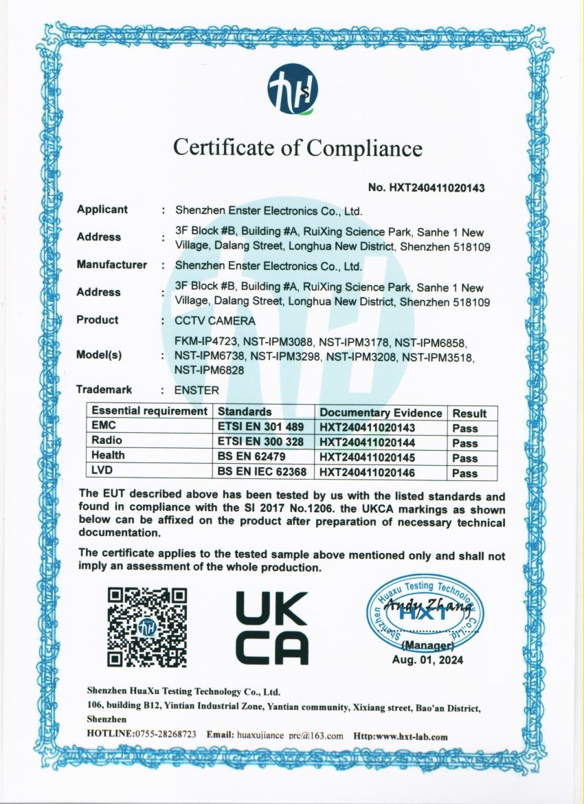 ENSTER UKCA certificate of compliance for CCTV camera