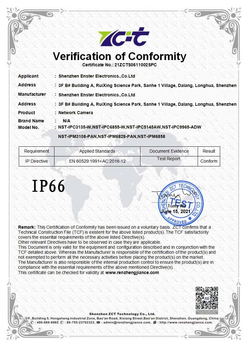ENSTER IP66 verification of conformity for network camera