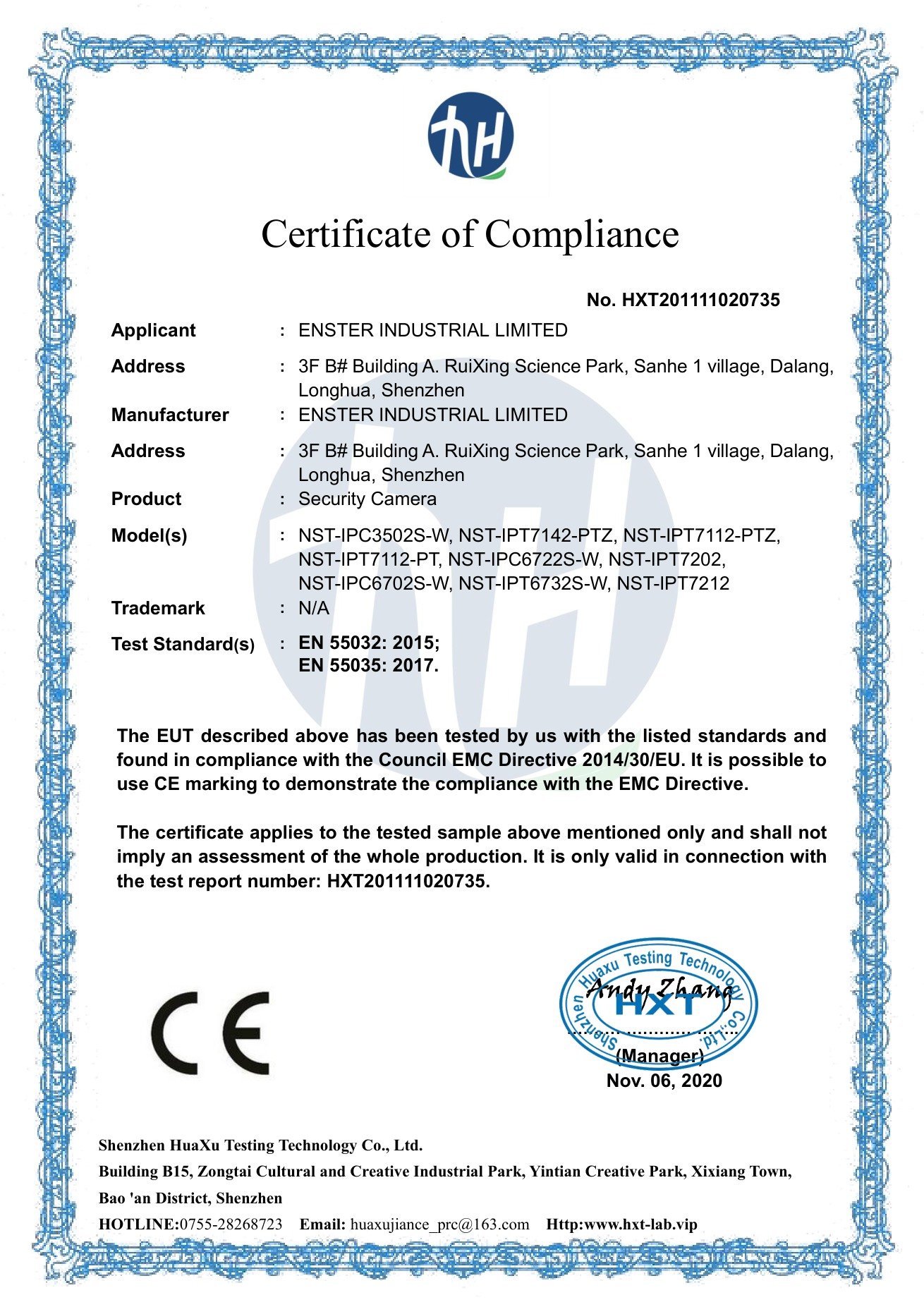 ENSTER 2020 CE EMC certificate for security camera