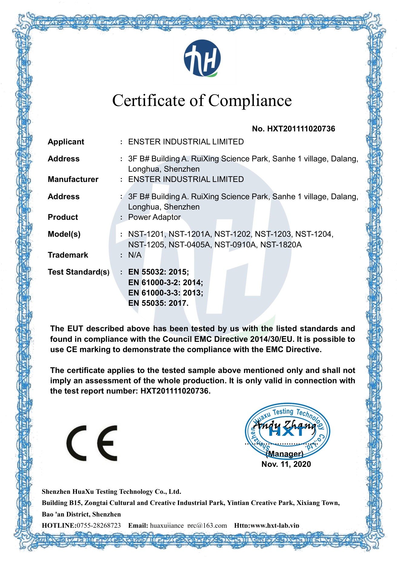 ENSTER 2020 CE EMC certificate for power adapter