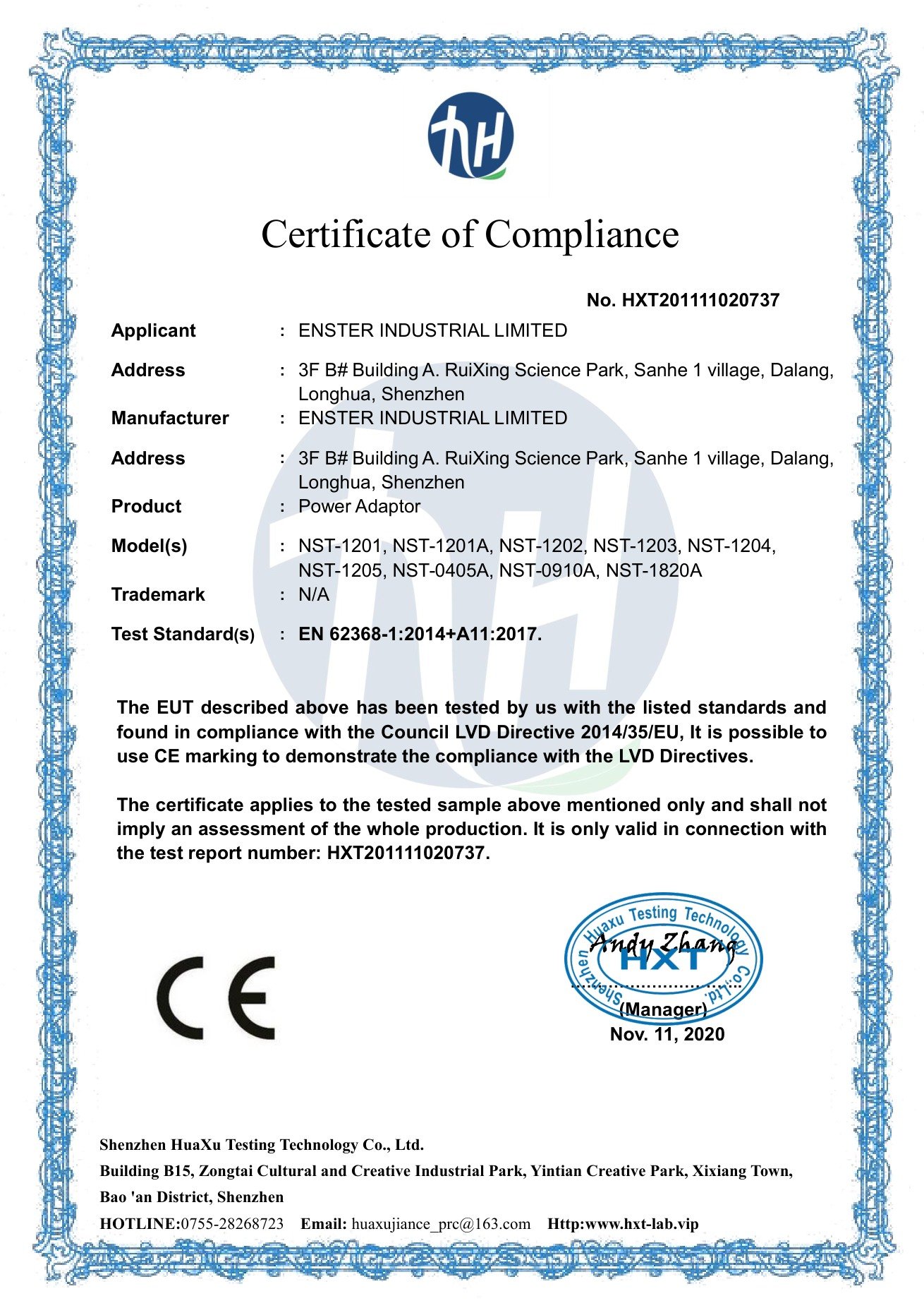 ENSTER 2020 CE LVD certificate for power adapter