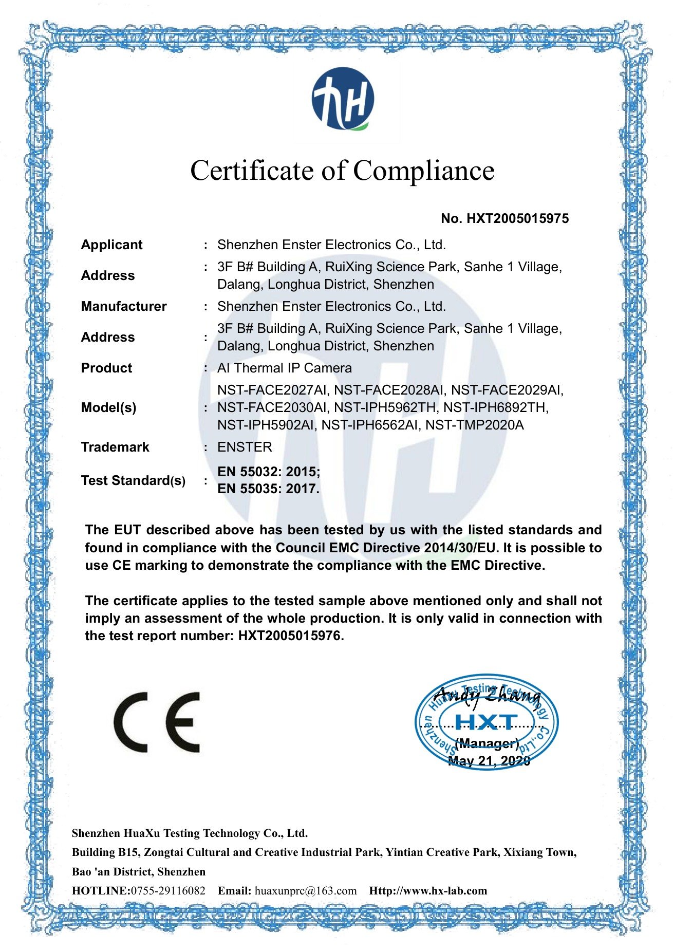 ENSTER 2020 CE EMC certificate for AI thermal IP camera