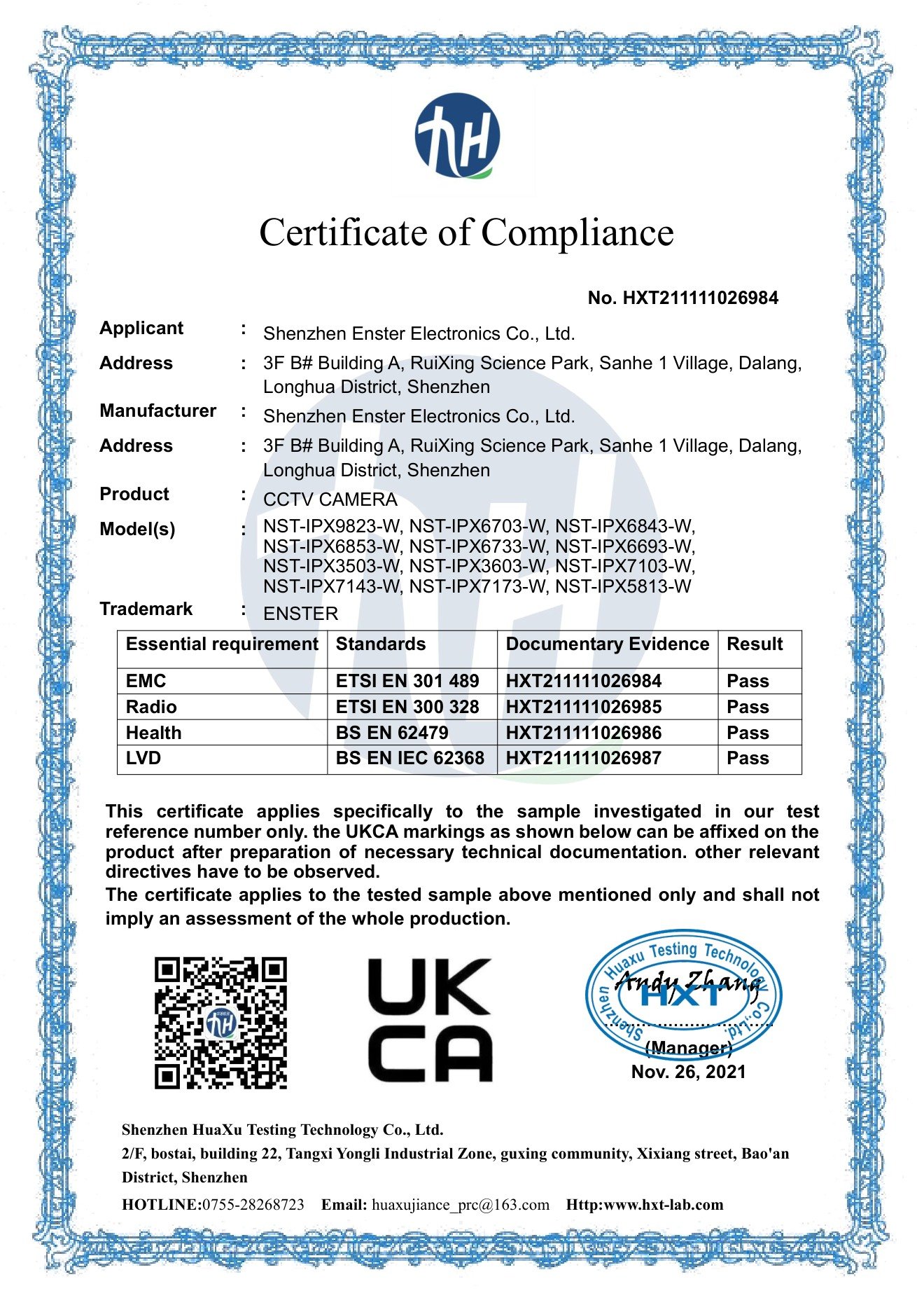 ENSTER 2021 UKCA certificate for CCTV camera