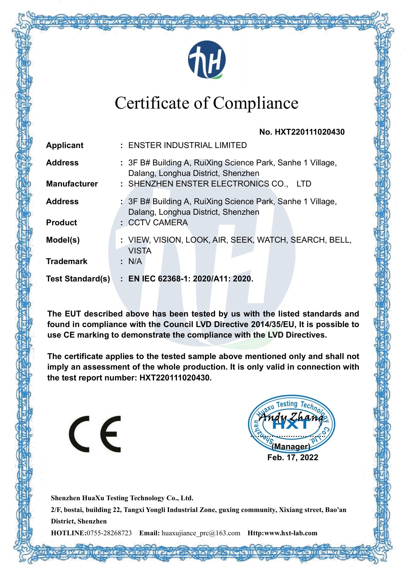ENSTER 2022 CE LVD certificate for CCTV camera