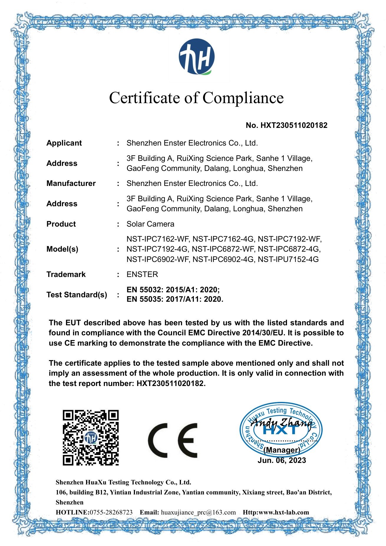 ENSTER 2023 CE EMC certificate for solar camera