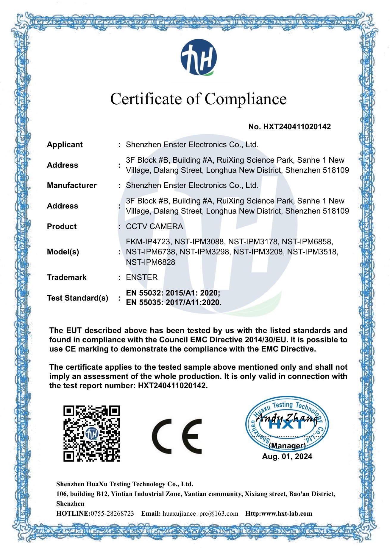 ENSTER 2024 CE EMC certificate for CCTV camera
