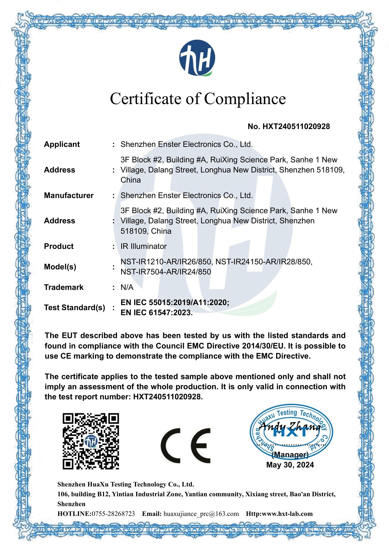 ENSTER 2024 CE EMC certificate for IR illuminator