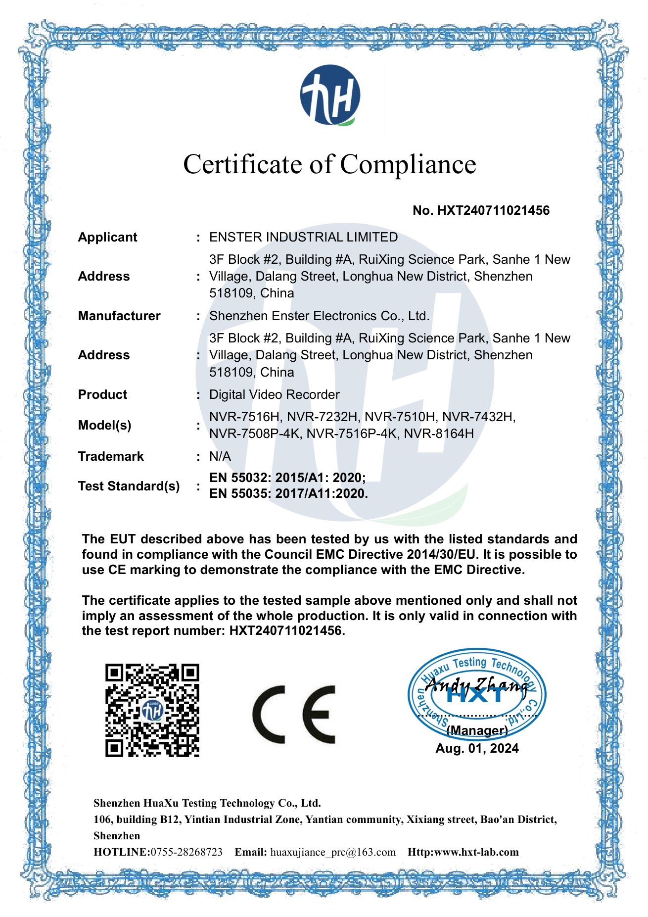 ENSTER 2024 CE EMC certificate for digital video recorder