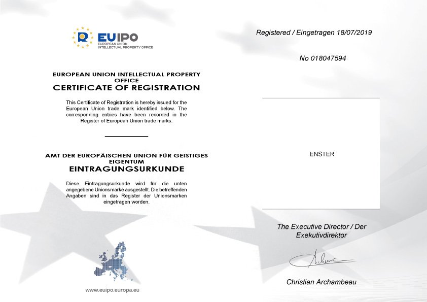 ENSTER European Union trademark registration certificate