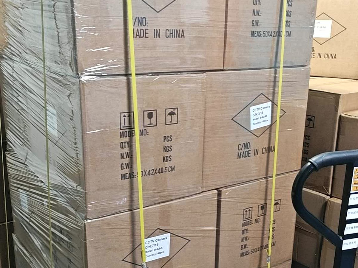 ENSTER palletized CCTV cartons ready for shipment