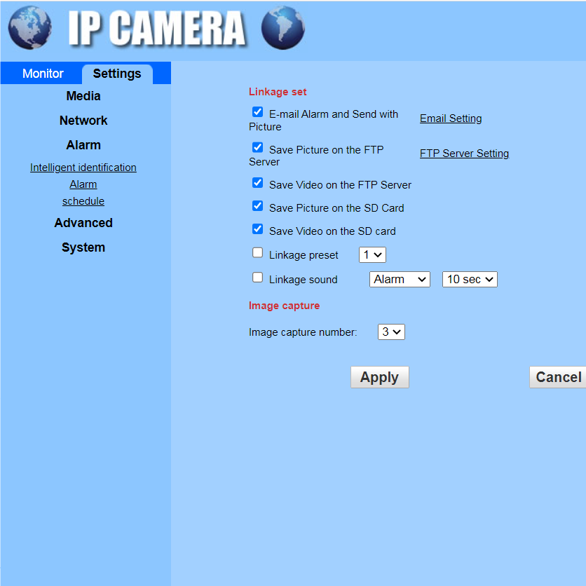 Triggered by an external switch, the network camera sends pictures and videos to the FTP server
